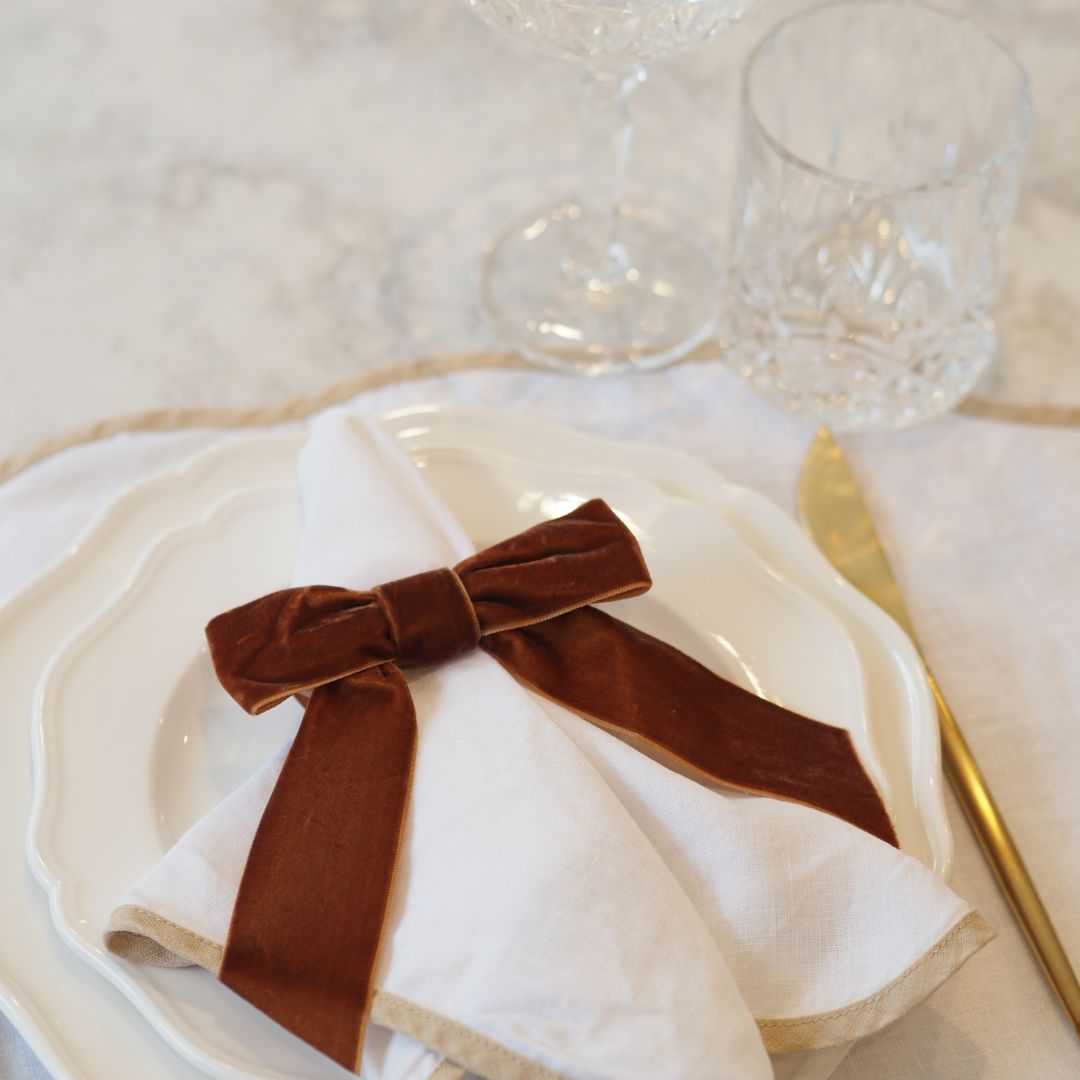 Camel Velvet Bow Napkin Ring Set of 2 or 4